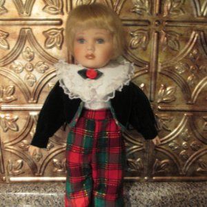 Porcelain Doll Dressed for Christmas with Shining Vinyl Shoes 16 1/2 " Tall